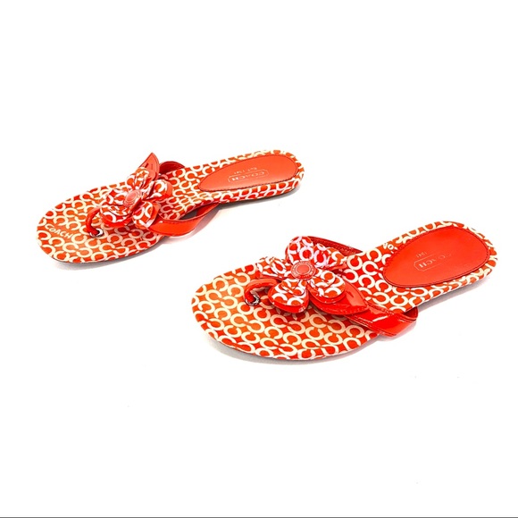 Coach Pattey Orange & Pink Logo Flip Flops w/ Flowers - Picture 4 of 12